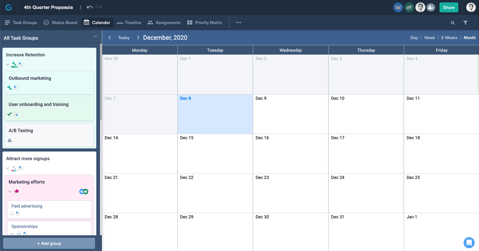 View tasks by status, due dates, or team member assignment